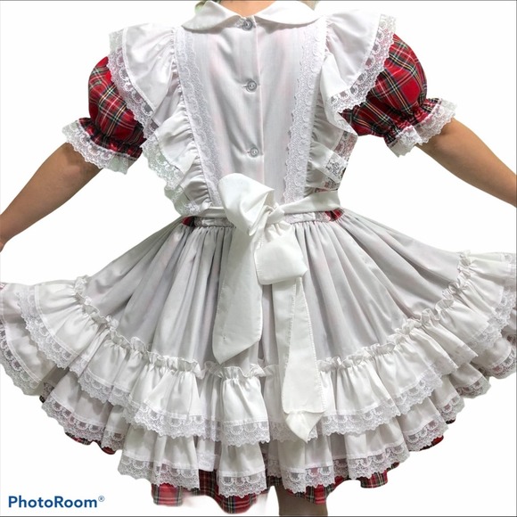 Vintage Golden Age Full Circle Plaid Pinafore Party Dress Ruffles Lace 80s - Picture 7 of 12